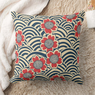 Rode Sakura Navy Wave Crème Japans Patroon Kussen