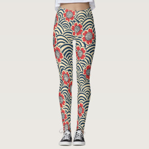 Rode Sakura Navy Wave Crème Japans Patroon Leggings