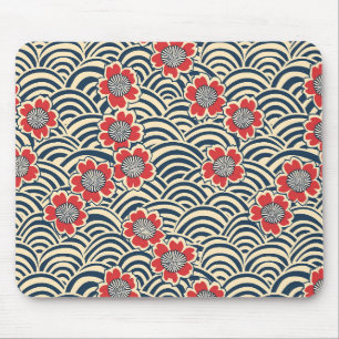 Rode Sakura Navy Wave Crème Japans Patroon Muismat
