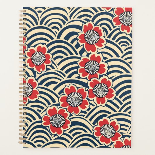 Rode Sakura Navy Wave Crème Japans Patroon Planner (Voorkant)