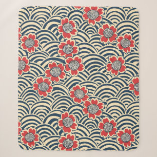 Rode Sakura Navy Wave Crème Japans Patroon Sherpa Deken