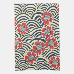 Rode Sakura Navy Wave Crème Japans Patroon Theedoek