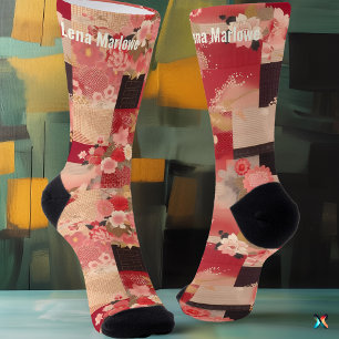 Rode Sakura Patchwork Sokken met Japanse charme