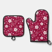 Rode Sakura-patroon Ovenwant & Pannenlap Set (Voorkant)
