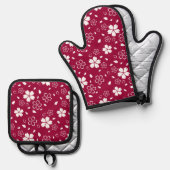 Rode Sakura-patroon Ovenwant & Pannenlap Set (Voorkant / Achterkant)
