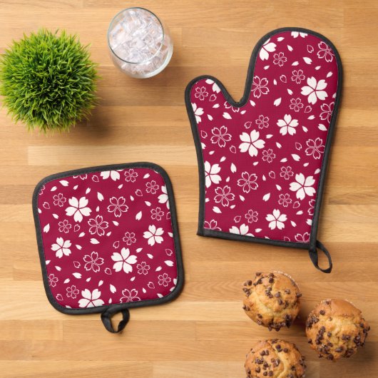 Rode Sakura-patroon Ovenwant & Pannenlap Set (Top down)