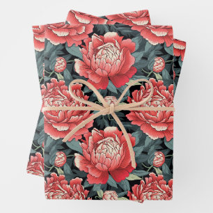 Rode & Salie Pioen Bloemen Inpakvellen Set van 3 Inpakpapier Vel