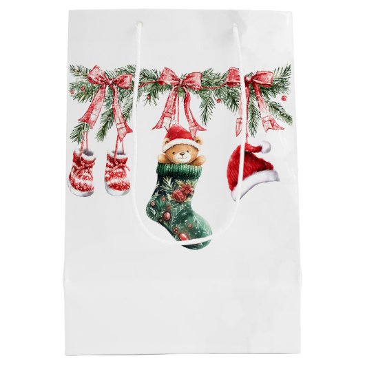 Rode Santa Baby Beer Kerstmiskleding Bokeh Medium Cadeauzakje (Achterkant)