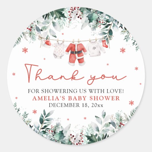 Rode Santa Baby Christmas Clothesline Baby shower Ronde Sticker (Voorkant)