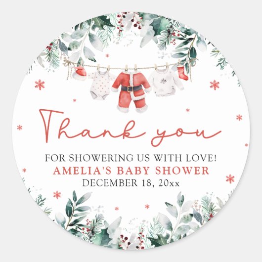 Rode Santa Baby Christmas Clothesline Baby shower Ronde Sticker (Voorkant)