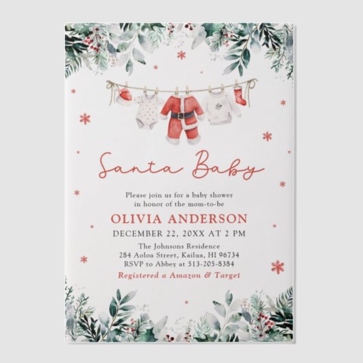 Rode Santa Baby Christmas Clothesline Baby shower Vellum Uitnodigingen (Voorkant)