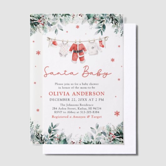 Rode Santa Baby Christmas Clothesline Baby shower Vellum Uitnodigingen (Offset)