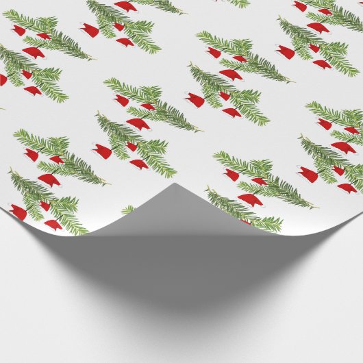 Rode Santa Hat Ornamenten Pine Branches Kerst Cadeaupapier (Hoek)