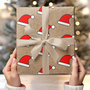 Rode Santa Hat Patroon op Rustieke Kraft Achtergro Cadeaupapier
