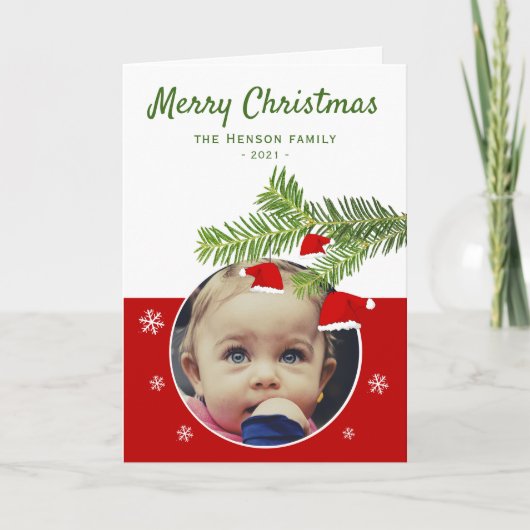 Rode Santa Hat Pine Vrolijke Kerstmis Foto Feestdagen Kaart (Voorkant)