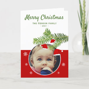 Rode Santa Hat Pine Vrolijke Kerstmis Foto Feestdagen Kaart