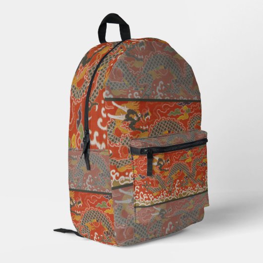 Rode Satijn Brocade met Cloud Chinese Dragon Bedrukte Rugzak (Achterkant Hoek Links)