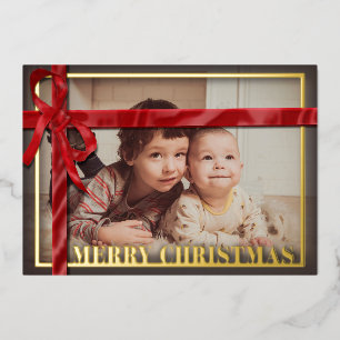 Rode satijnen lint familie foto Kerstmis Goud Folie Feestdagenkaart