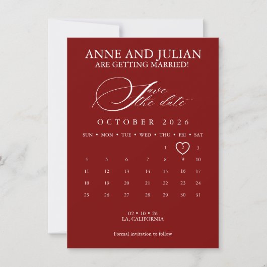 Rode Save the date kaart kalender & foto (Voorkant)