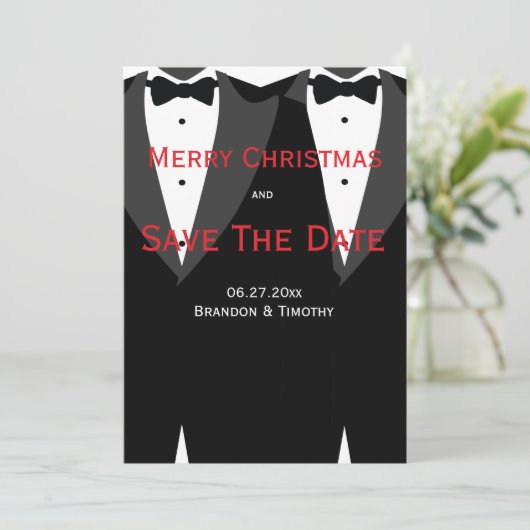 Rode Save The Date Kerstkaarten Gay Trouwen (Staand voorkant)