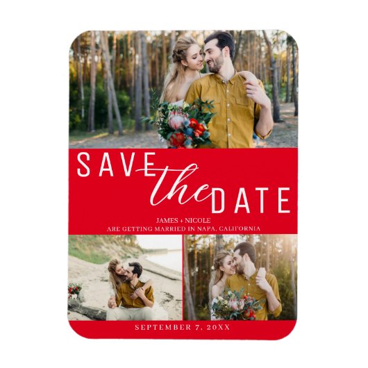 Rode Save the Date Trouw 3 foto's Magneet (Verticaal)