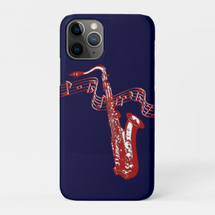 Rode saxofoon en noten op blauwe achtergrond Case-Mate iPhone case