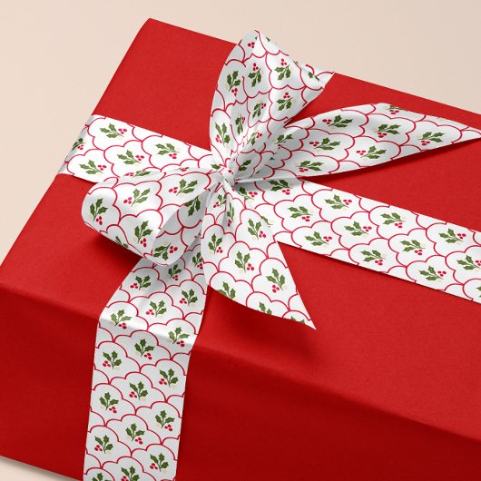 Rode Scallop Holly Branch en bessen Kerstmis Satijnen Lint