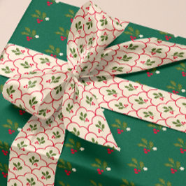 Rode Scallop Holly Branch en bessen Kerstmis Satijnen Lint