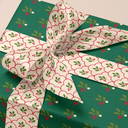 Rode Scallop Holly Branch en bessen Kerstmis Satijnen Lint