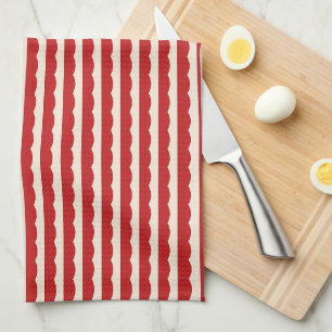 Rode Scallop Strepen Naadloos Patroon, Retro Crème Theedoek