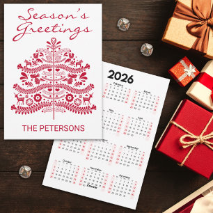 Rode Scandinavische Folk Art Kerstboomkalender Feestdagenkaart