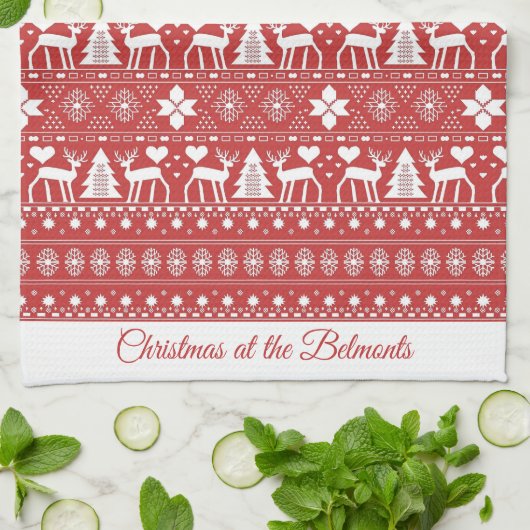 Rode Scandinavische gepersonaliseerde kerstnaam Theedoek (Gevouwen)