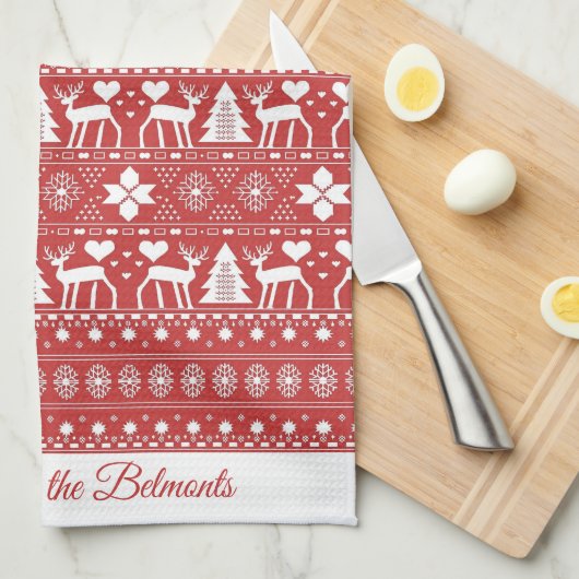 Rode Scandinavische gepersonaliseerde kerstnaam Theedoek (Quarter Fold)