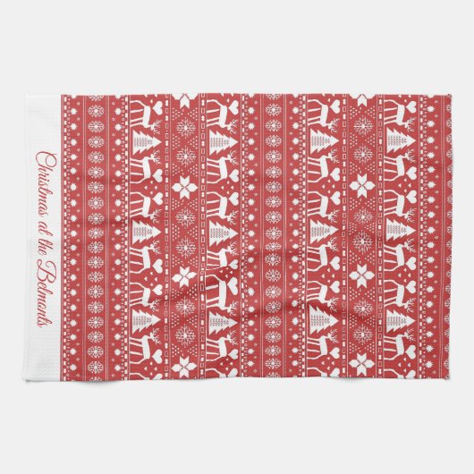 Rode Scandinavische gepersonaliseerde kerstnaam Theedoek (Horizontaal)