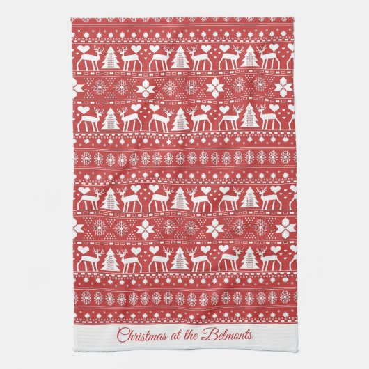 Rode Scandinavische gepersonaliseerde kerstnaam Theedoek (Verticaal)