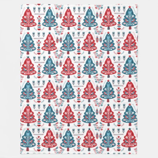 Rode Scandinavische Kerstboom Folk Art Winter Fleece Deken (Voorkant)