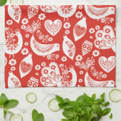 Rode Scandinavische kerstpatronen met vogels Theedoek (Gevouwen)