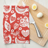 Rode Scandinavische kerstpatronen met vogels Theedoek (Quarter Fold)
