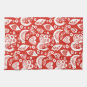 Rode Scandinavische kerstpatronen met vogels Theedoek (Horizontaal)