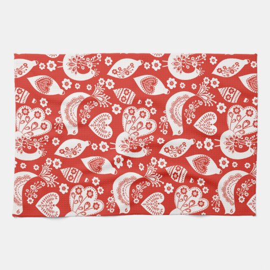 Rode Scandinavische kerstpatronen met vogels Theedoek (Horizontaal)
