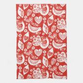 Rode Scandinavische kerstpatronen met vogels Theedoek (Verticaal)