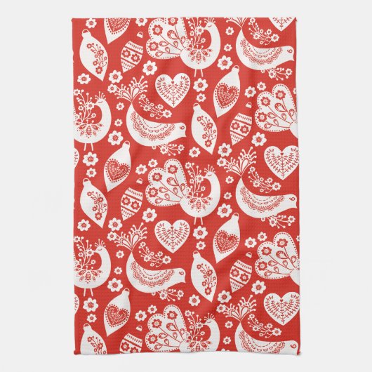 Rode Scandinavische kerstpatronen met vogels Theedoek (Verticaal)