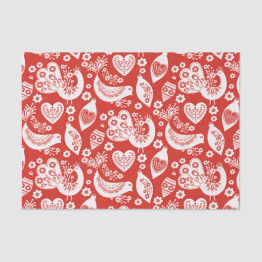 Rode Scandinavische kerstpatronen met vogels Tissuepapier (Voorkant)