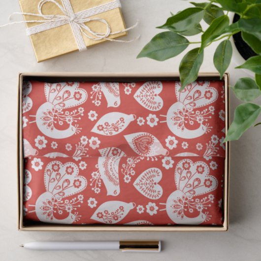 Rode Scandinavische kerstpatronen met vogels Tissuepapier (Geschenk)