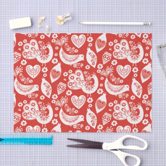 Rode Scandinavische kerstpatronen met vogels Tissuepapier (Craft)