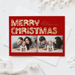 Rode Scandinavische twee foto's van Kerstmis Folie Feestdagen Briefkaart<br><div class="desc">Stuur feestvreugde met ons aanpasbare twee-foto kerst briefkaart, met charmante Scandinavische stijl typografie. Dit gouden folie briefkaart combineert de moderne esthetiek prachtig met een feestelijke sfeer, zodat u twee van uw favoriete foto's kunt laten zien. De moderne typografie wordt aangevuld met een minimalistisch ontwerp dat de essentie van de Scandinavische...</div>