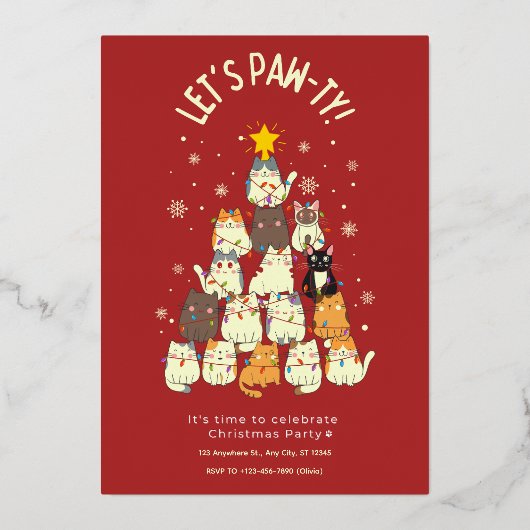 Rode Schattige Kat Kerstmis Folie Uitnodiging (Voorkant)
