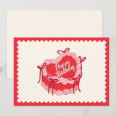 Rode schattige verjaardagstaart hart boog feestdagenkaart (Voorkant / Achterkant)