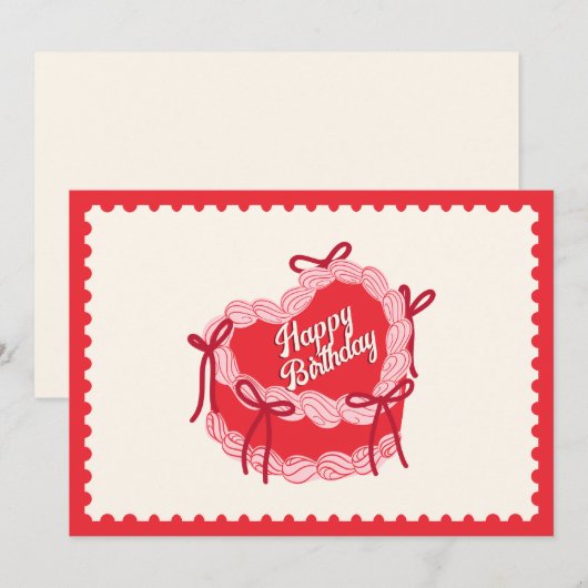 Rode schattige verjaardagstaart hart boog feestdagenkaart (Voorkant / Achterkant)