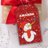 Rode Schattigee sneeuwpop gepersonaliseerde Kinder Cadeaulabel
